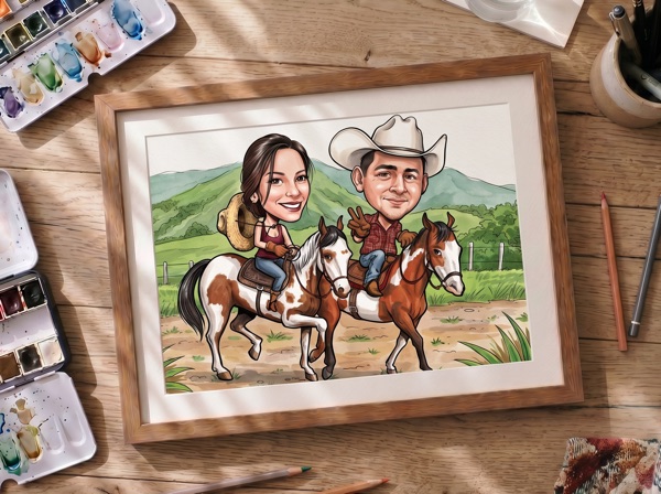 Caricatura de pareja a caballo, estilo vaquero
