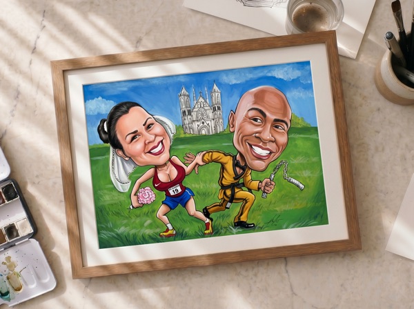 Caricatura de pareja de novios, tema deportivo