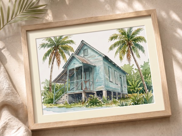Retrato en acuarela de casa típica costarricense estilo caribeño con palmeras