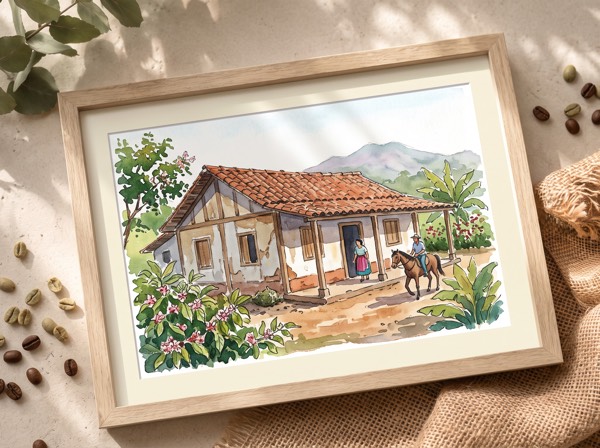 Retrato en acuarela de casa de adobe típica costarricense junto a cafetal