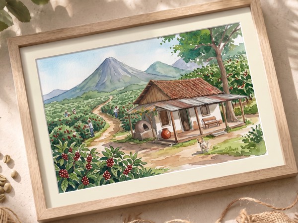 Retrato en acuarela de casa típica costarricense con cafetal y volcán