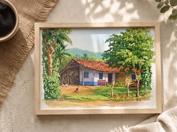 Retrato en acuarela de casa típica costarricense rural con gallinas
