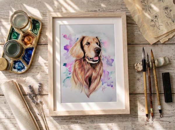 Retrato de perro Golden Retriever pintado a mano
