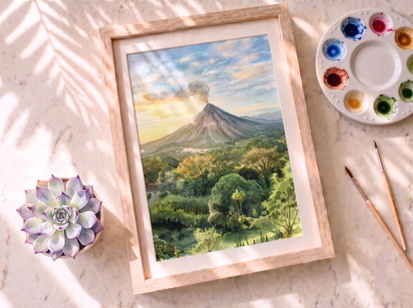 Paisaje en acuarela estilo Volcán Arenal, Costa Rica