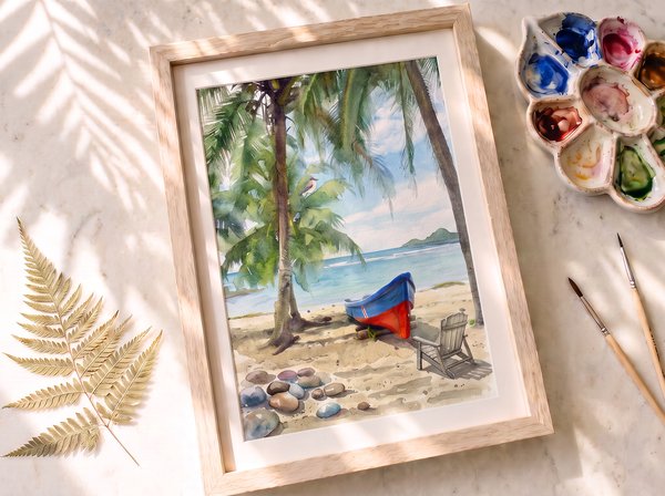 Paisaje en acuarela de playa con palmeras, Costa Rica