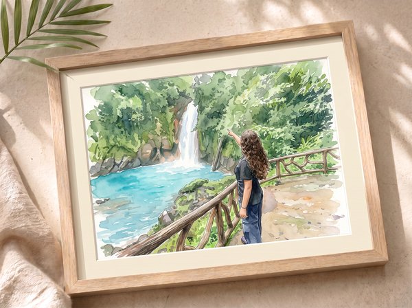 Paisaje en acuarela estilo Catarata Río Celeste, Costa Rica