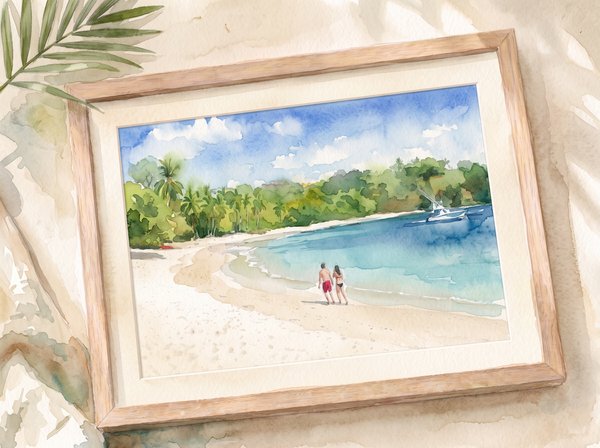 Paisaje en acuarela de pareja caminando en la playa, Costa Rica