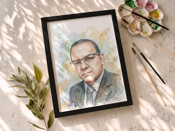 Retrato en acuarela de hombre con anteojos