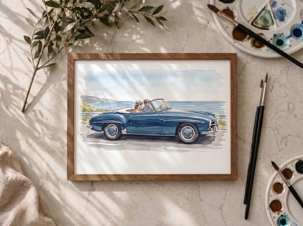 Retrato de carro azul pintado a mano