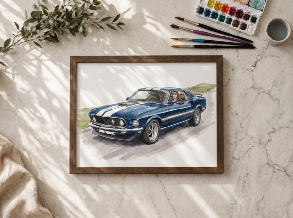 Retrato de carro azul pintado a mano