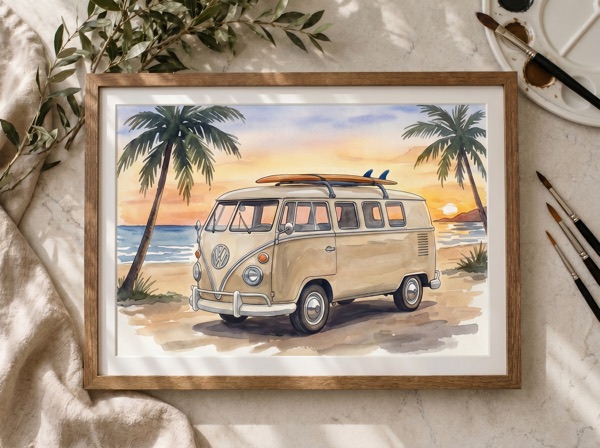 Retrato de Volkswagen Combi pintado a mano