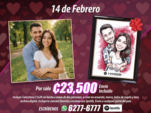 Promoción 14 de febrero: caricatura de pareja en acuarela con marco, ₡23,500, envío incluido