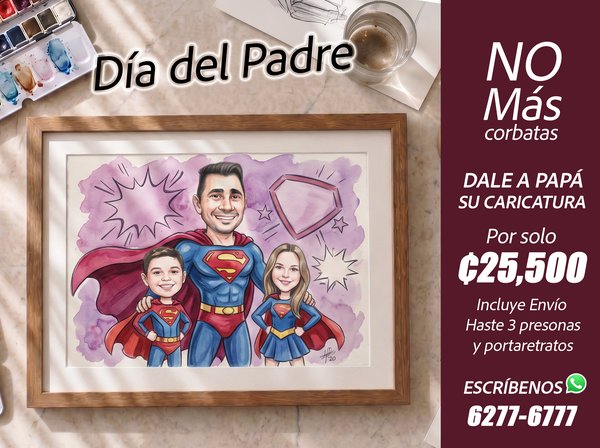 Promoción Día del Padre: caricatura familiar estilo superhéroe con marco, ₡25,500, envío incluido, hasta 3 personas