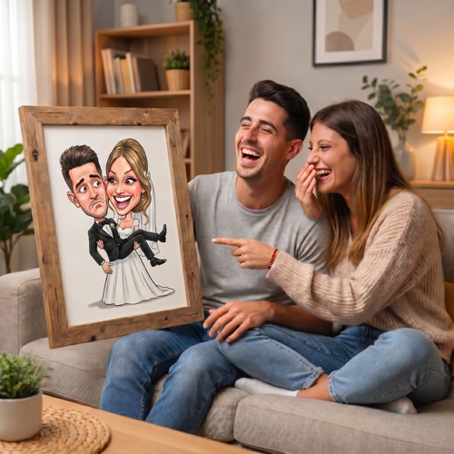 Clientes con su retrato de boda
