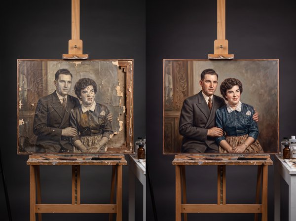 Retrato en lienzo dañado restaurado